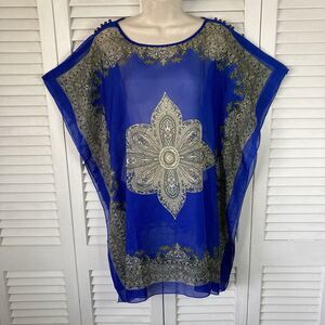 NK Blue Multicolored 100% Silk Button Accented Shoulders Poncho Coverup Top OS